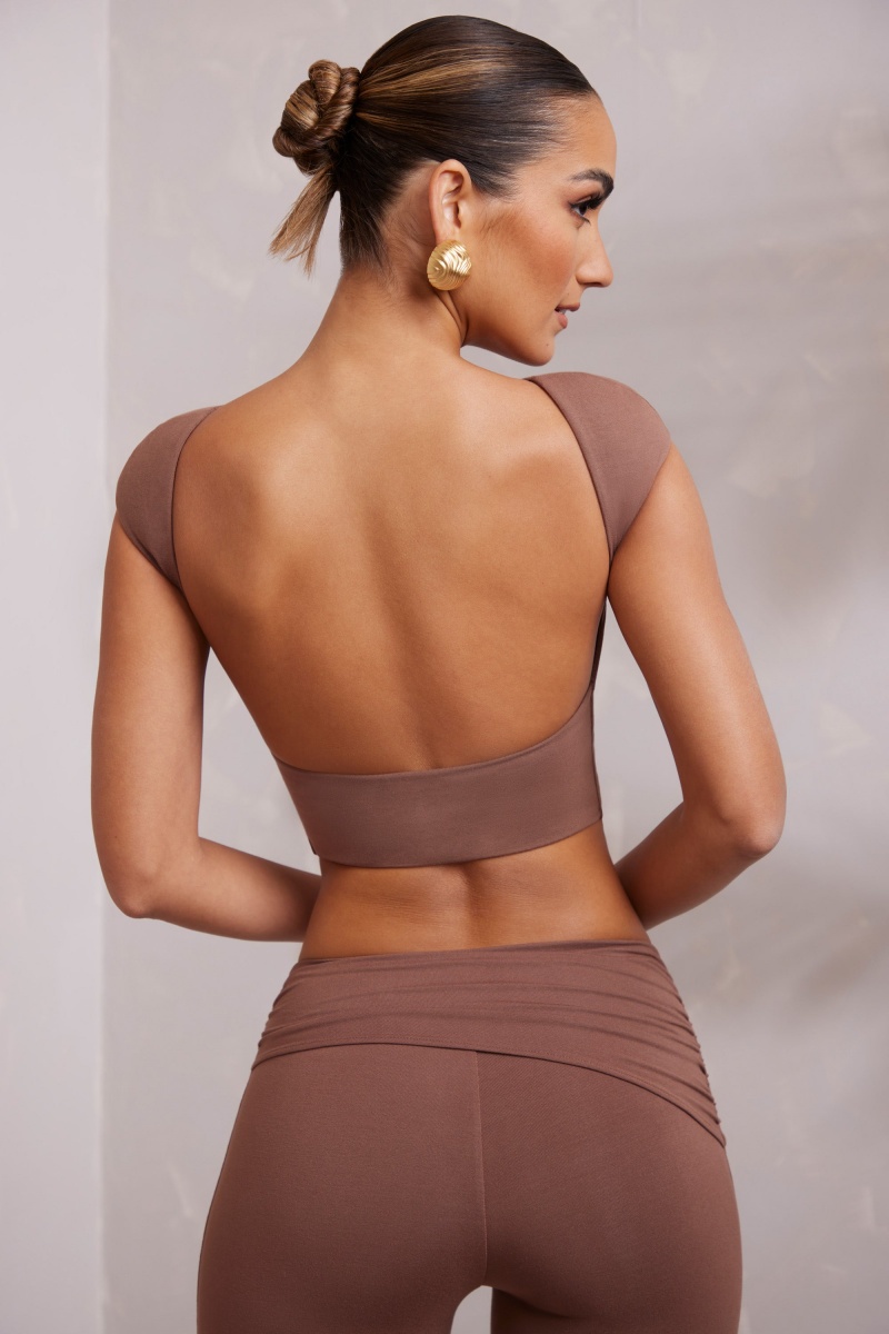 Brown Women's Oh Polly Cap Sleeve Open Back Crop Tops | 80253DBJM