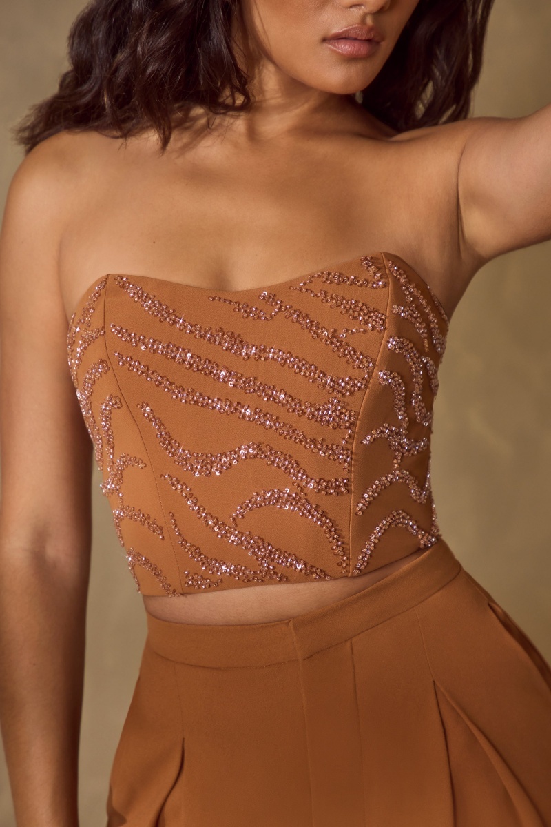 Brown Women's Oh Polly Embellished Bandeau Corset Tops | 67493CUWP