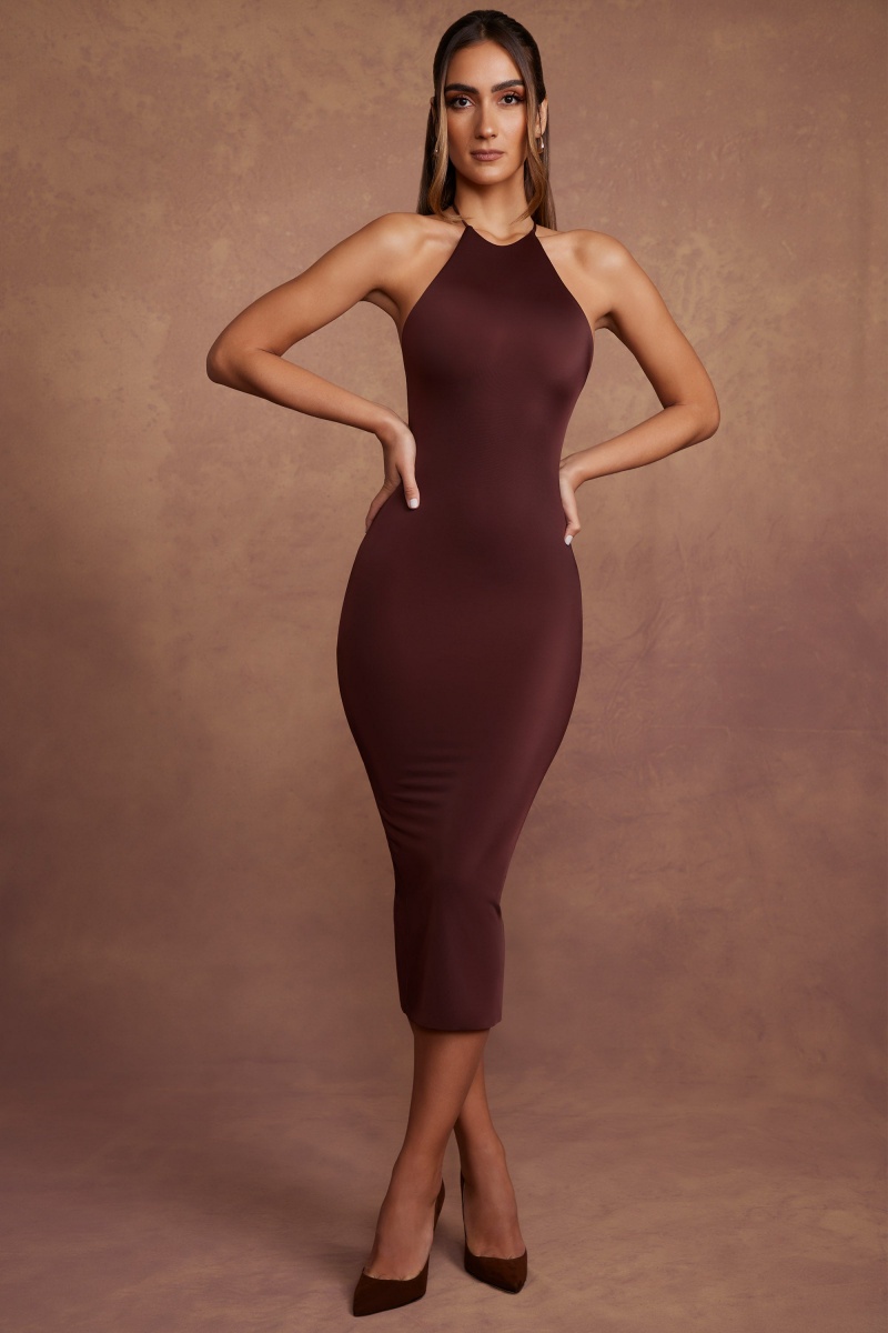 Brown Women's Oh Polly High Neck Backless Midaxi Dress | 18702WIGP