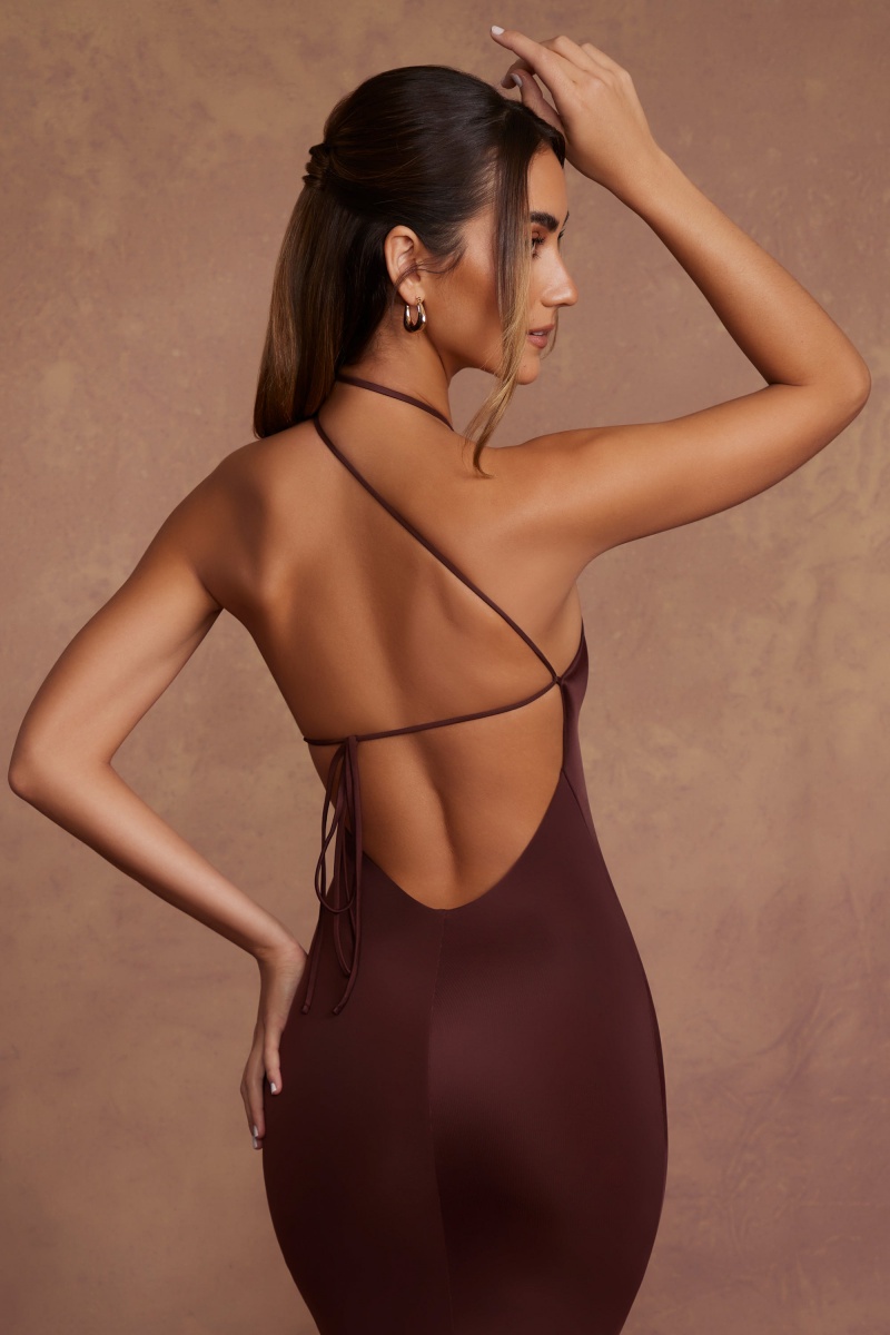 Brown Women\'s Oh Polly High Neck Backless Midaxi Dress | 18702WIGP