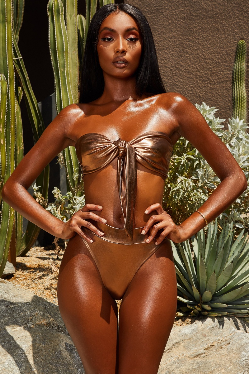 Brown Women's Oh Polly Metallic Tie Front Bandeau Bikinis | 30689MPKA