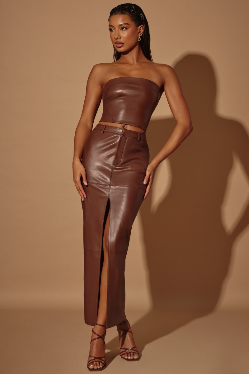 Brown Women's Oh Polly Mid-Rise Vegan Leather Maxi Skirts | 21835DLZB