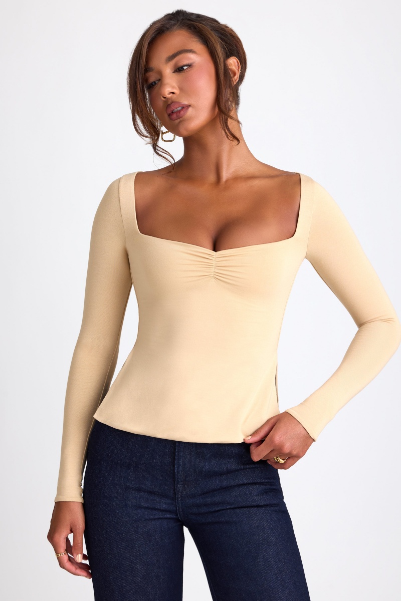 Brown Women's Oh Polly Modal Sweetheart Neckline Long Sleeve Tops | 41928FYKI