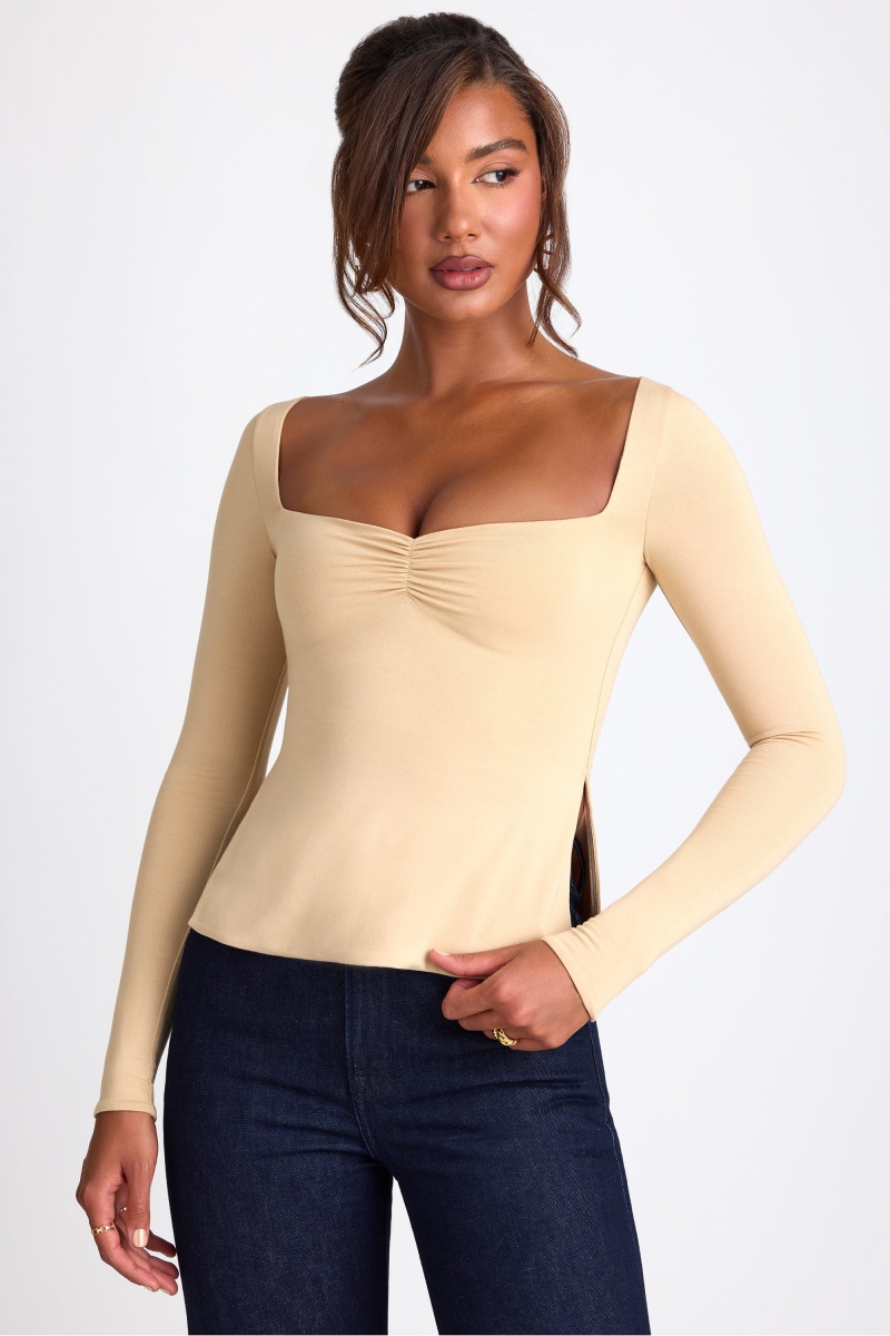 Brown Women's Oh Polly Modal Sweetheart Neckline Long Sleeve Tops | 41928FYKI