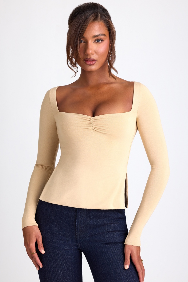 Brown Women\'s Oh Polly Modal Sweetheart Neckline Long Sleeve Tops | 41928FYKI