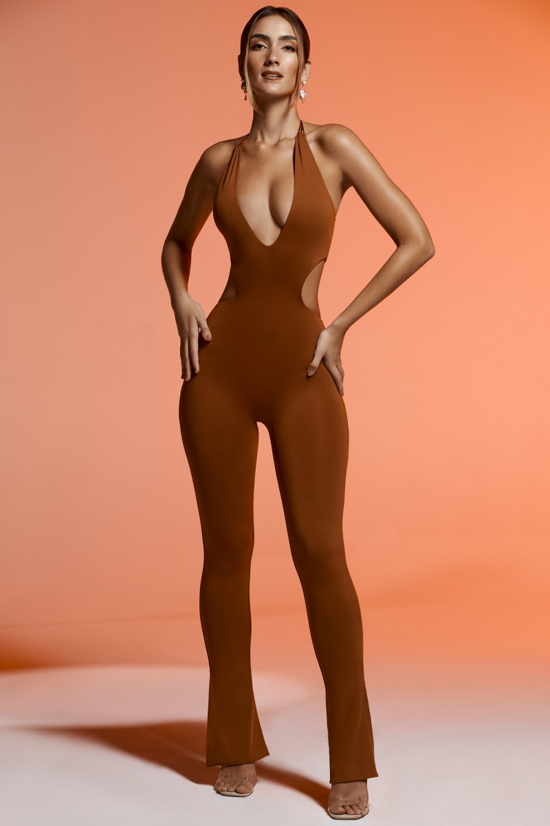 Brown Women's Oh Polly Plunge Neck Cut Out Jumpsuit | 78134LFWS