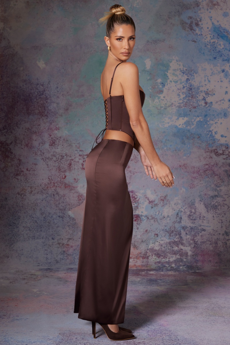 Brown Women's Oh Polly Side Split Satin Maxi Skirts | 29106WNQJ