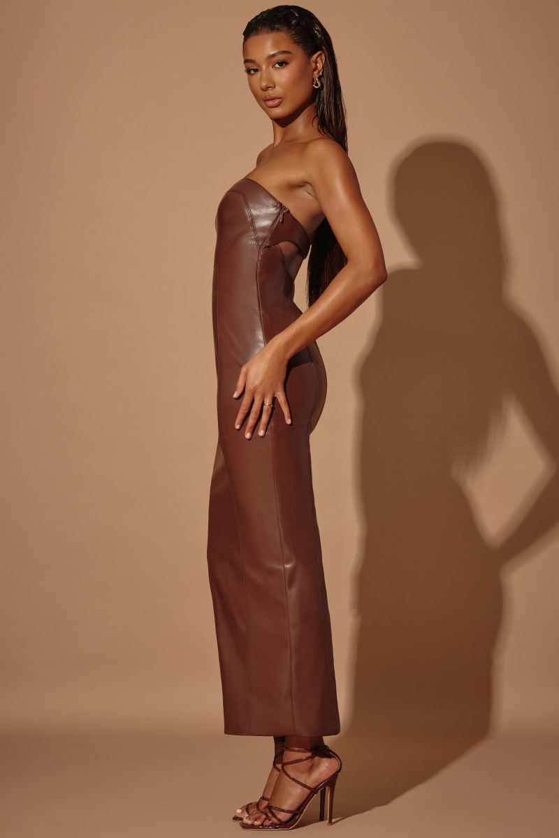 Brown Women's Oh Polly Strapless Vegan Leather Maxi Dress | 13957KGSY