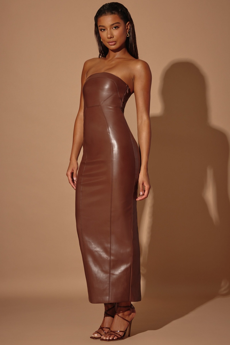 Brown Women's Oh Polly Strapless Vegan Leather Maxi Dress | 13957KGSY