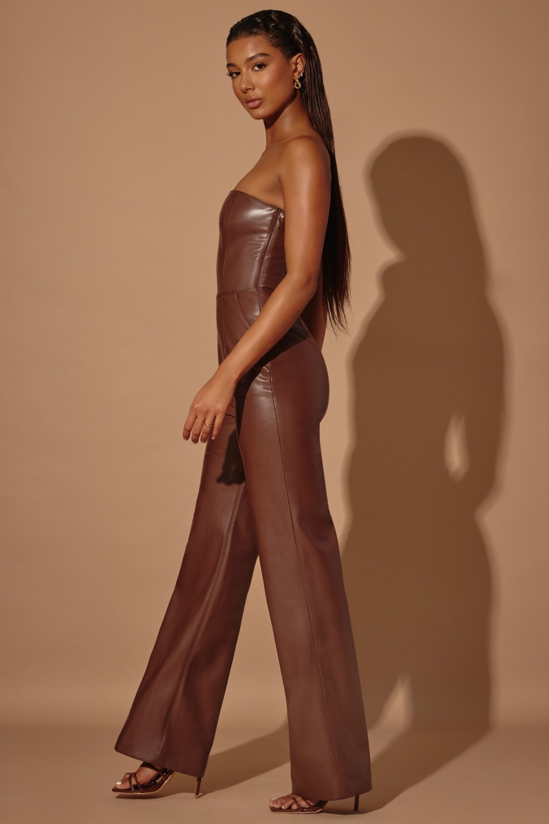 Brown Women's Oh Polly Strapless Wide Leg Vegan Leather Jumpsuit | 18360YTAN