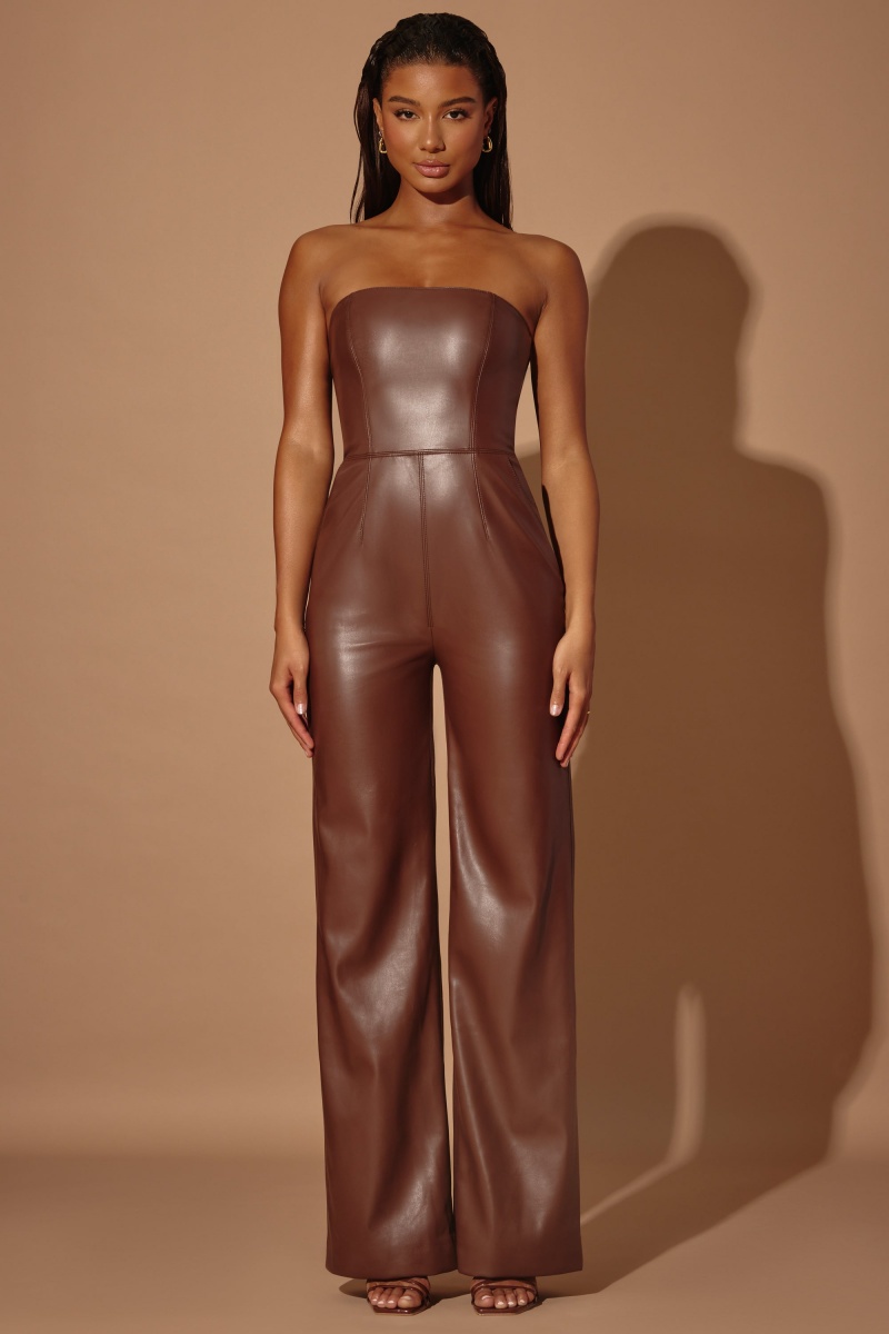 Brown Women's Oh Polly Strapless Wide Leg Vegan Leather Jumpsuit | 18360YTAN