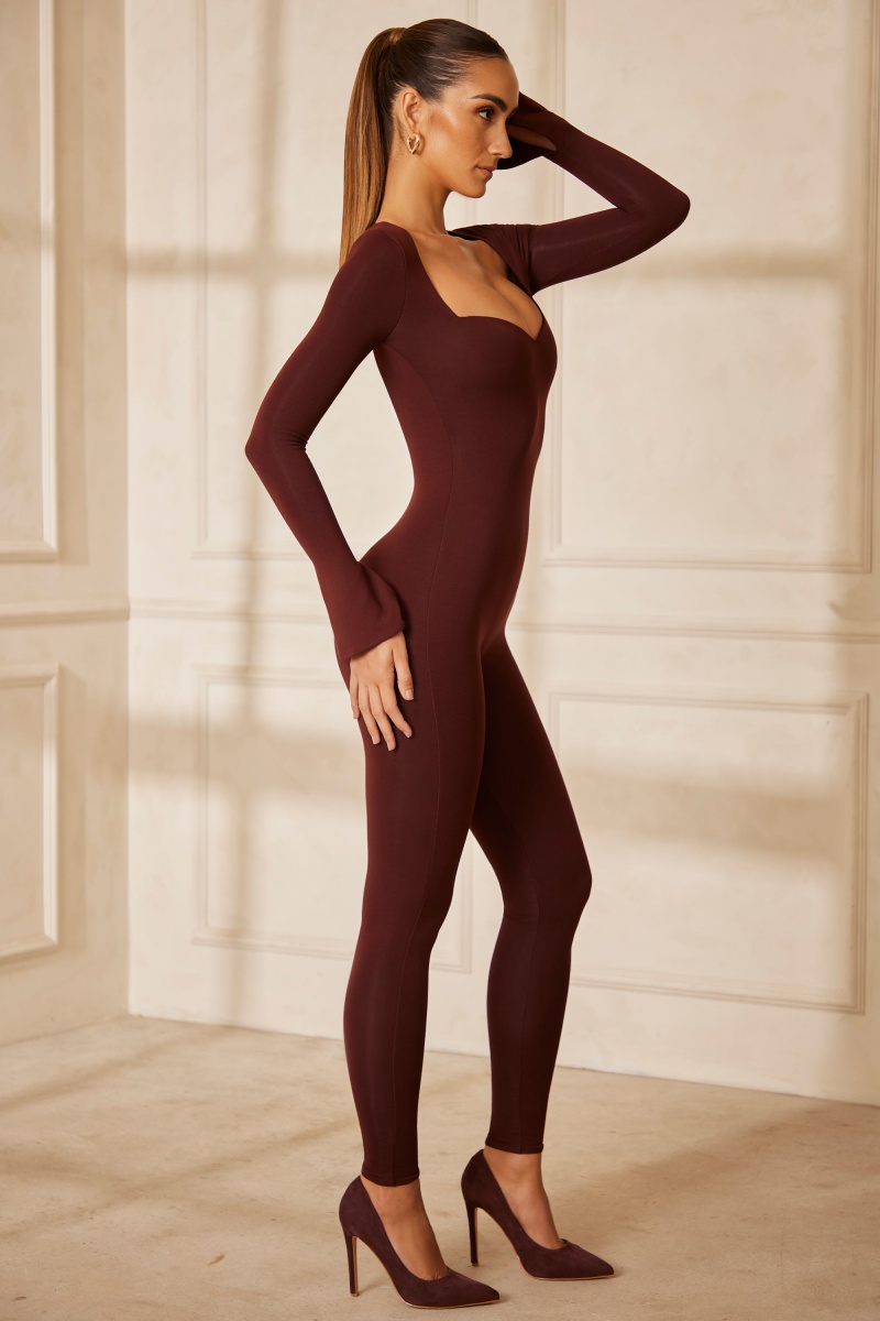 Brown Women's Oh Polly Sweetheart Neckline Long Sleeve Jumpsuit | 26894VIFA