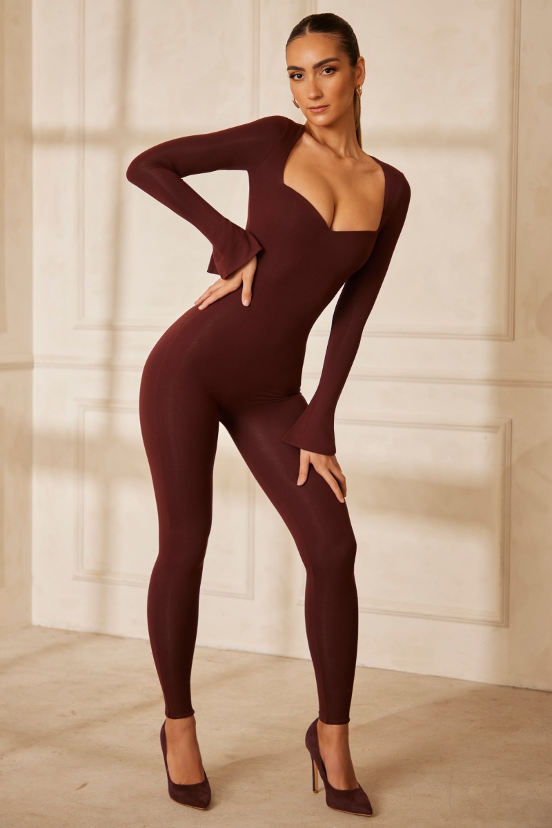 Brown Women's Oh Polly Sweetheart Neckline Long Sleeve Jumpsuit | 26894VIFA