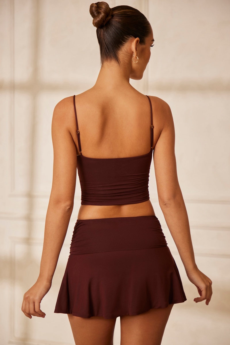 Brown Women's Oh Polly V Neck Ruched Crop Tops | 25834SBIU