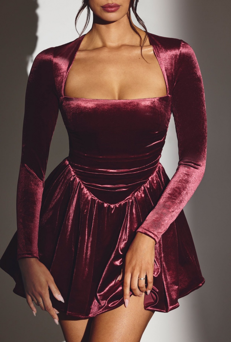 Burgundy Women's Oh Polly Velvet Long Sleeve Corset Mini Dress | 98067WOJP