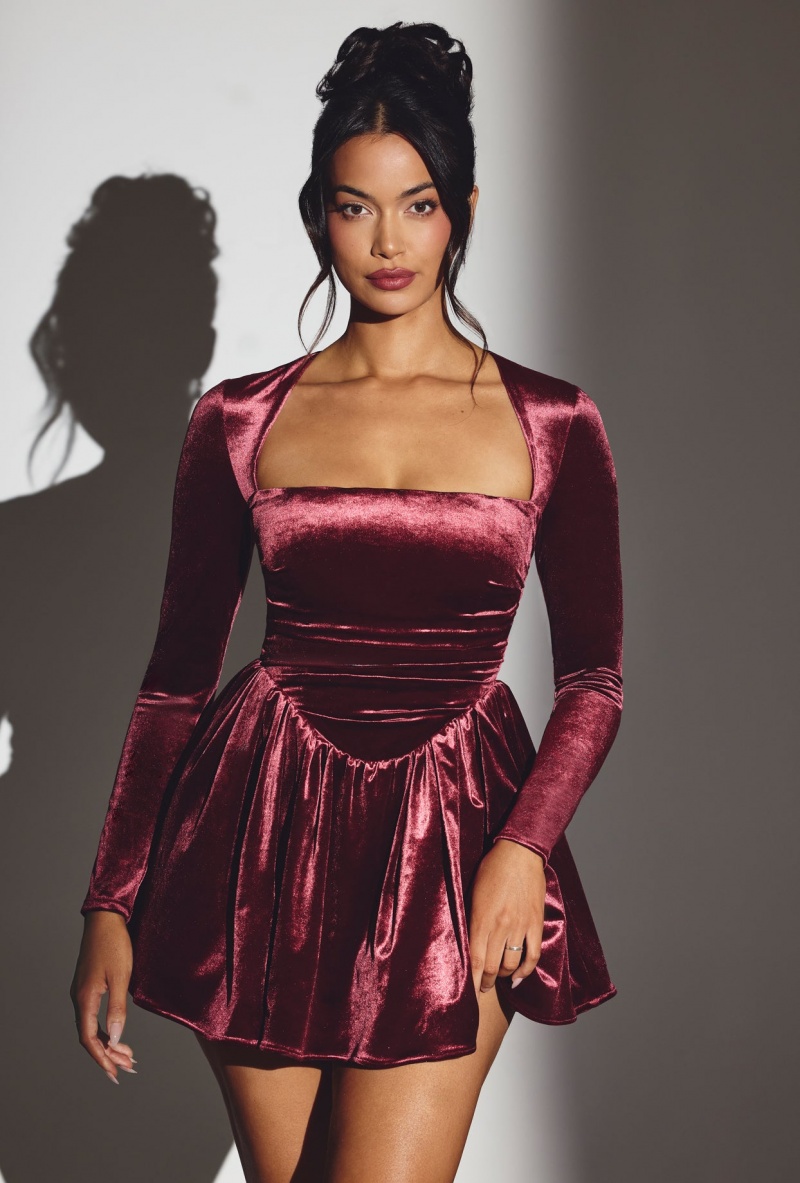 Burgundy Women's Oh Polly Velvet Long Sleeve Corset Mini Dress | 98067WOJP