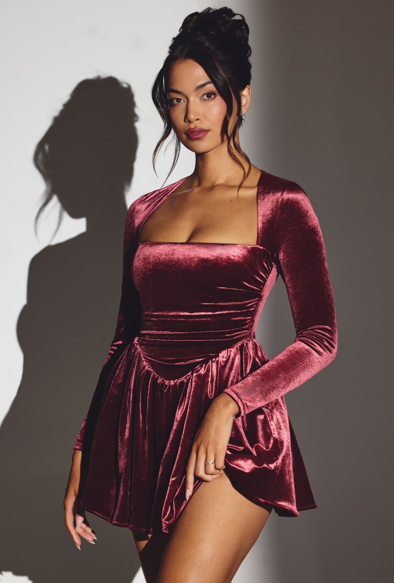 Burgundy Women's Oh Polly Velvet Long Sleeve Corset Mini Dress | 98067WOJP