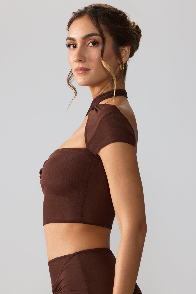 Chocolate Women's Oh Polly Mesh Cap Sleeve Cut Out Crop Tops | 20941WCGZ