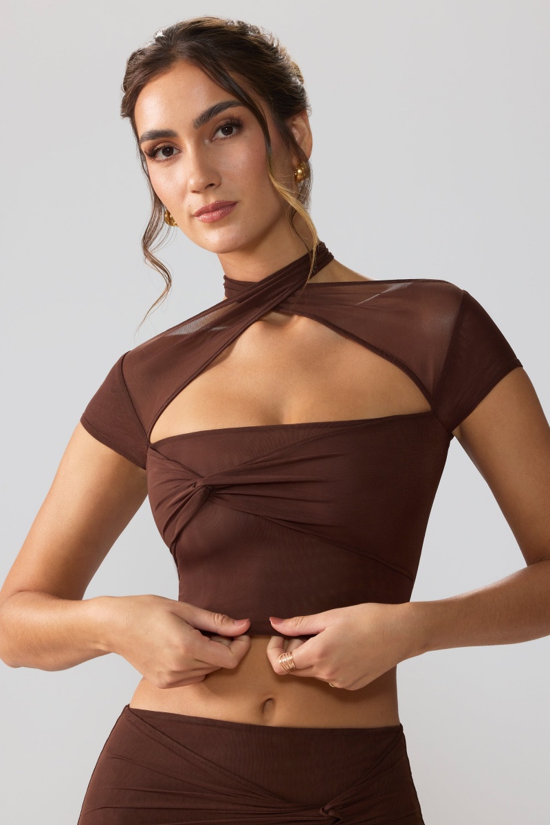 Chocolate Women's Oh Polly Mesh Cap Sleeve Cut Out Crop Tops | 20941WCGZ