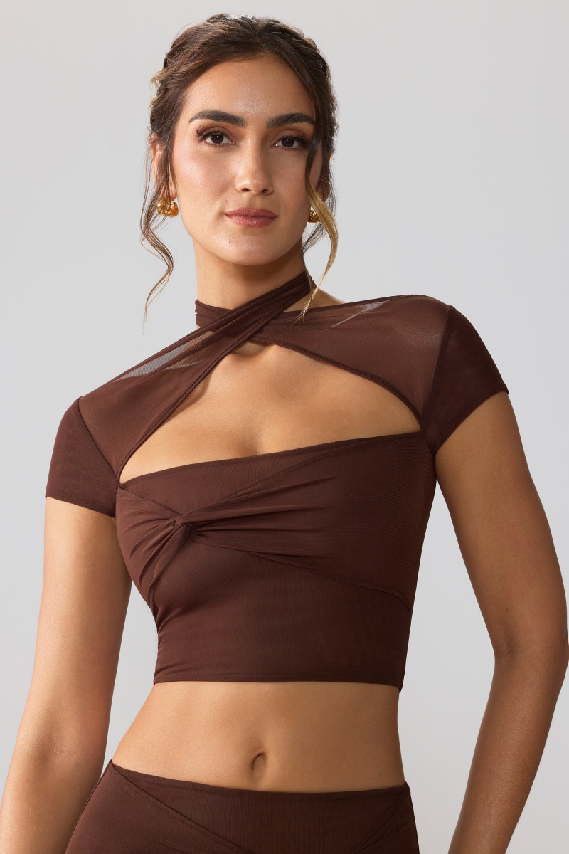 Chocolate Women's Oh Polly Mesh Cap Sleeve Cut Out Crop Tops | 20941WCGZ