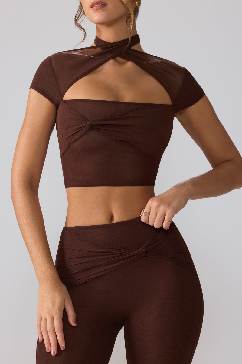 Chocolate Women's Oh Polly Mesh Cap Sleeve Cut Out Crop Tops | 20941WCGZ