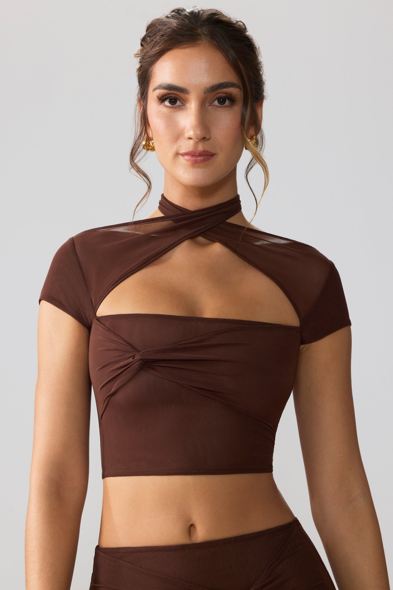 Chocolate Women's Oh Polly Mesh Cap Sleeve Cut Out Crop Tops | 20941WCGZ