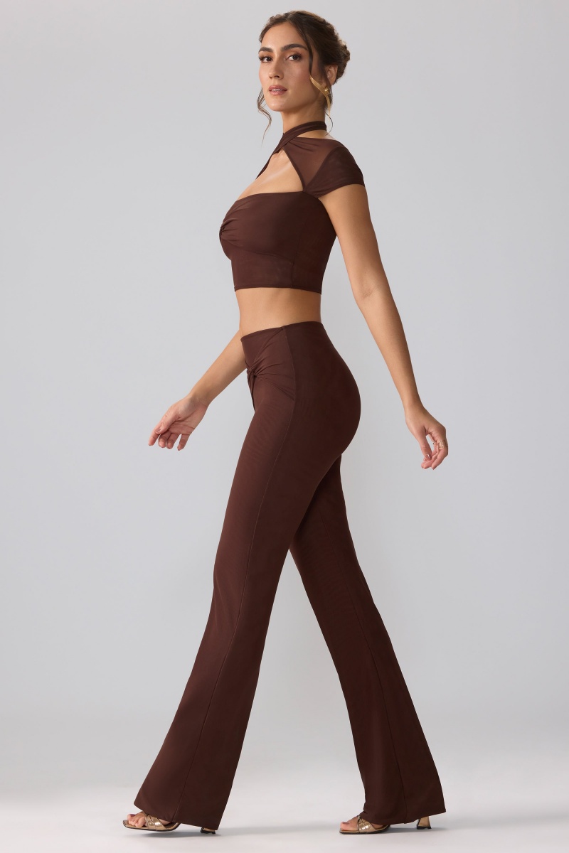 Chocolate Women's Oh Polly Mesh Mid Rise Twist Overlay Flare Pants | 40396IGQP