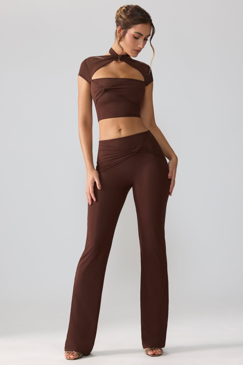 Chocolate Women's Oh Polly Mesh Mid Rise Twist Overlay Flare Pants | 40396IGQP