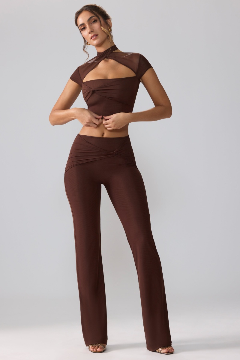 Chocolate Women's Oh Polly Mesh Mid Rise Twist Overlay Flare Pants | 40396IGQP