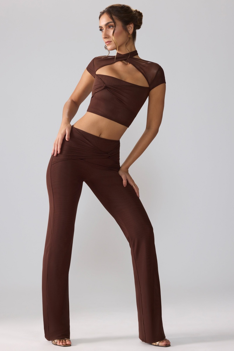 Chocolate Women's Oh Polly Mesh Mid Rise Twist Overlay Flare Pants | 40396IGQP