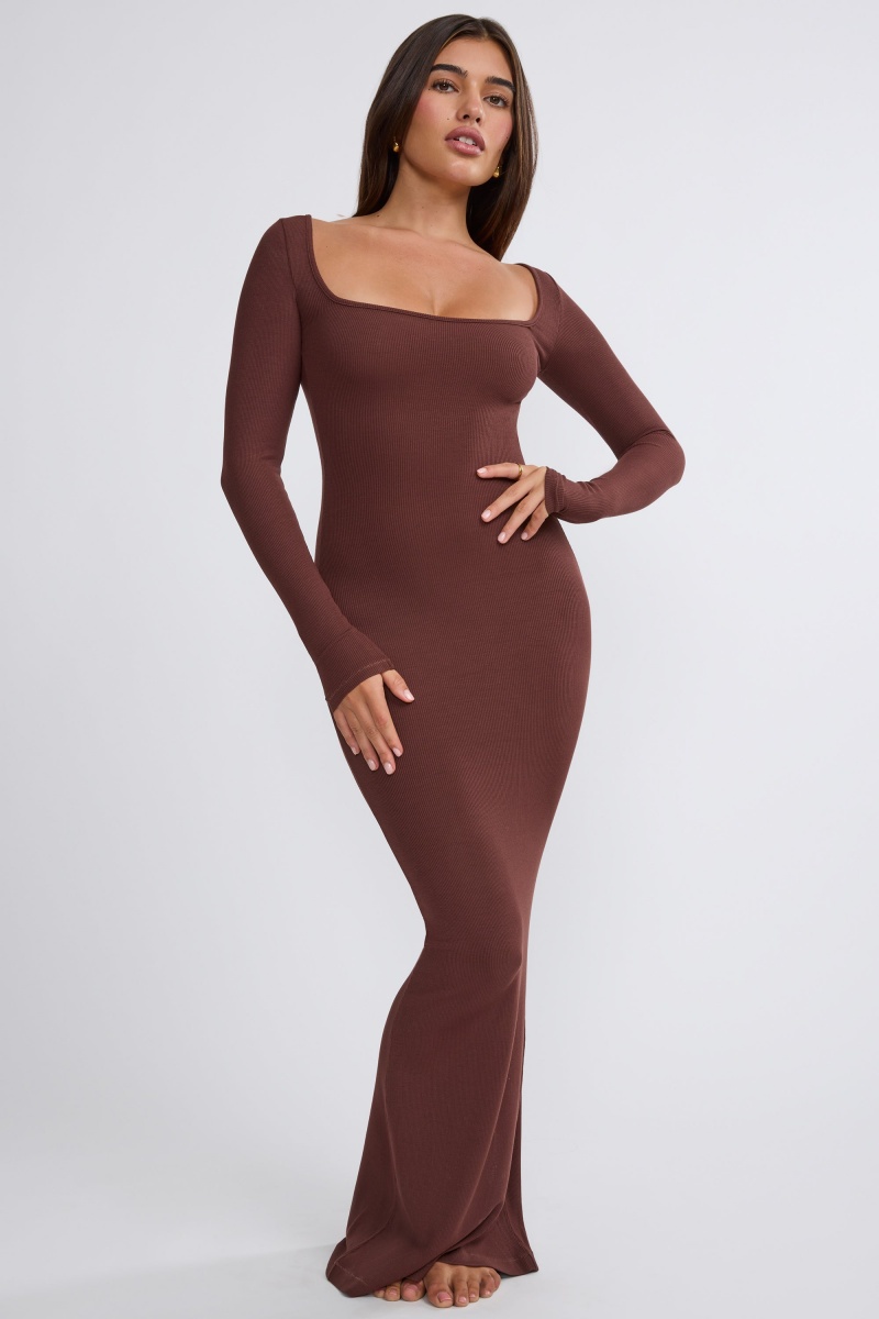 Chocolate Women's Oh Polly Ribbed Modal Long Sleeve Maxi Dress | 24679HPOZ