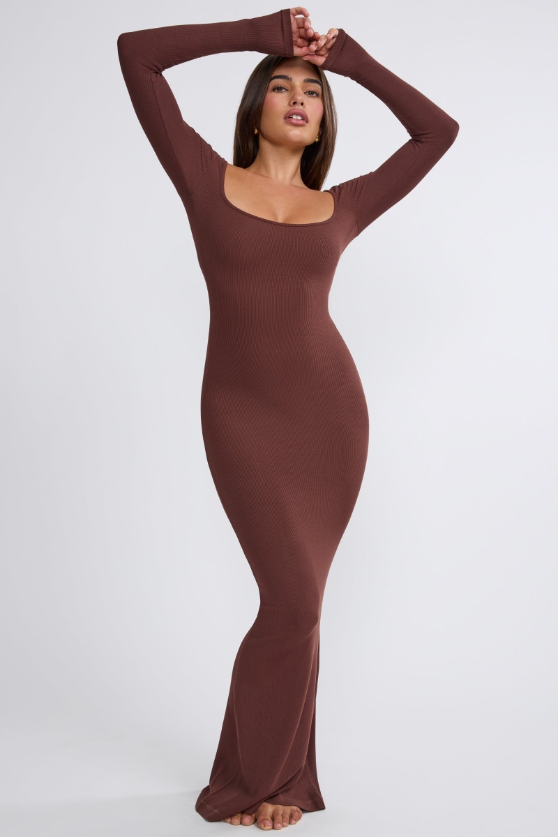 Chocolate Women's Oh Polly Ribbed Modal Long Sleeve Maxi Dress | 24679HPOZ