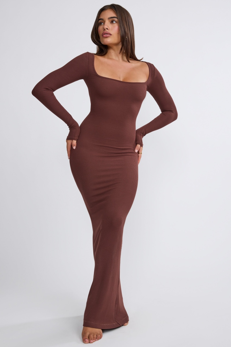 Chocolate Women's Oh Polly Ribbed Modal Long Sleeve Maxi Dress | 24679HPOZ