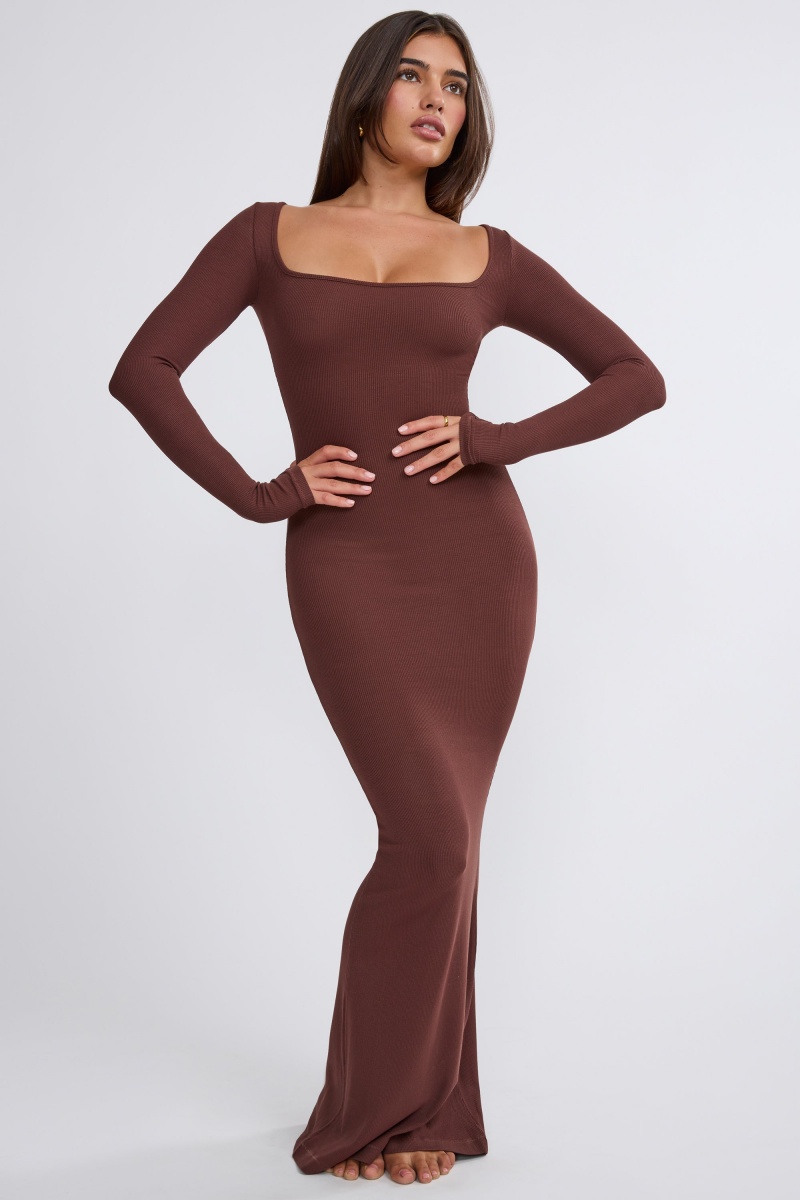 Chocolate Women\'s Oh Polly Ribbed Modal Long Sleeve Maxi Dress | 24679HPOZ