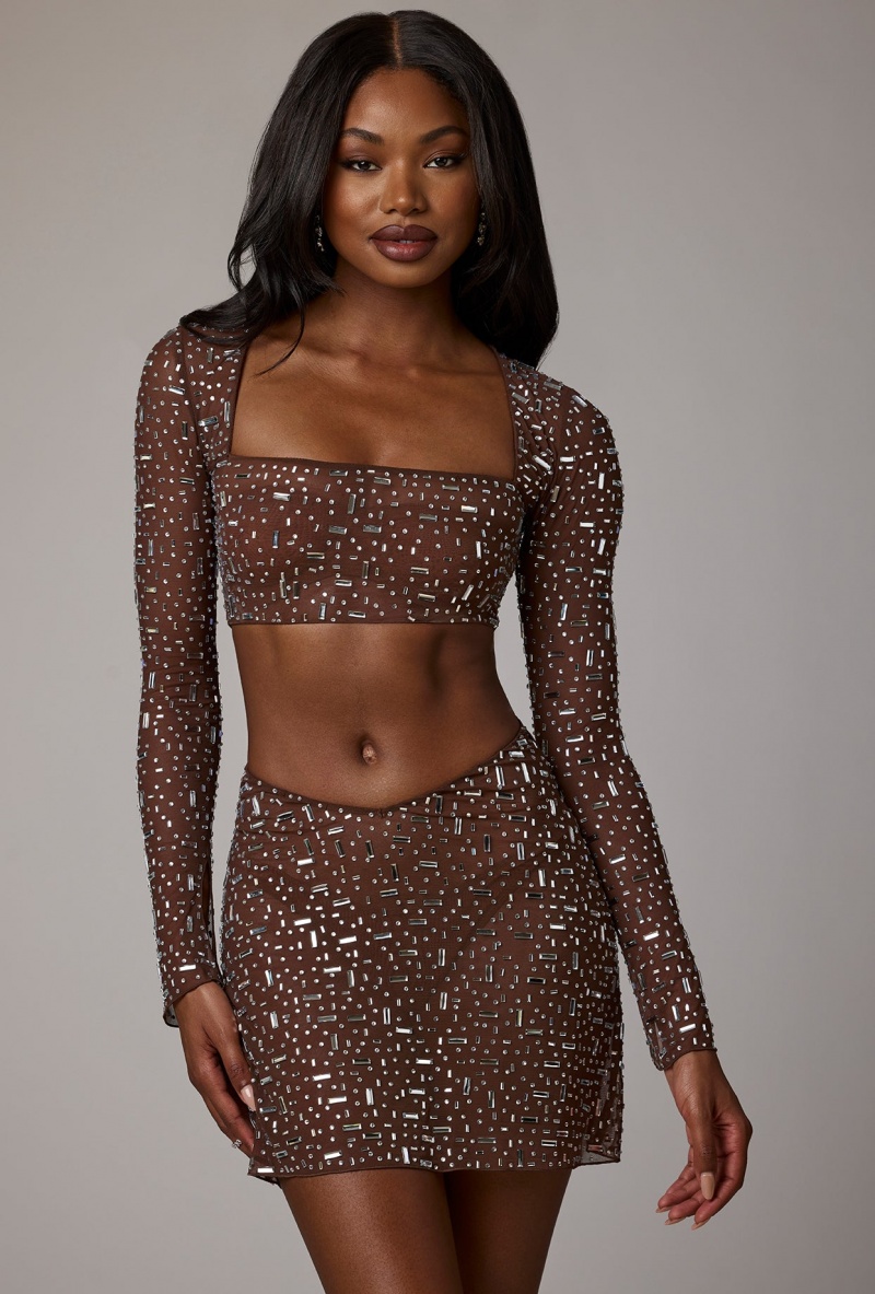 Chocolate Women's Oh Polly Sheer Embellished V Waist Mini Skirts | 89065YNXT