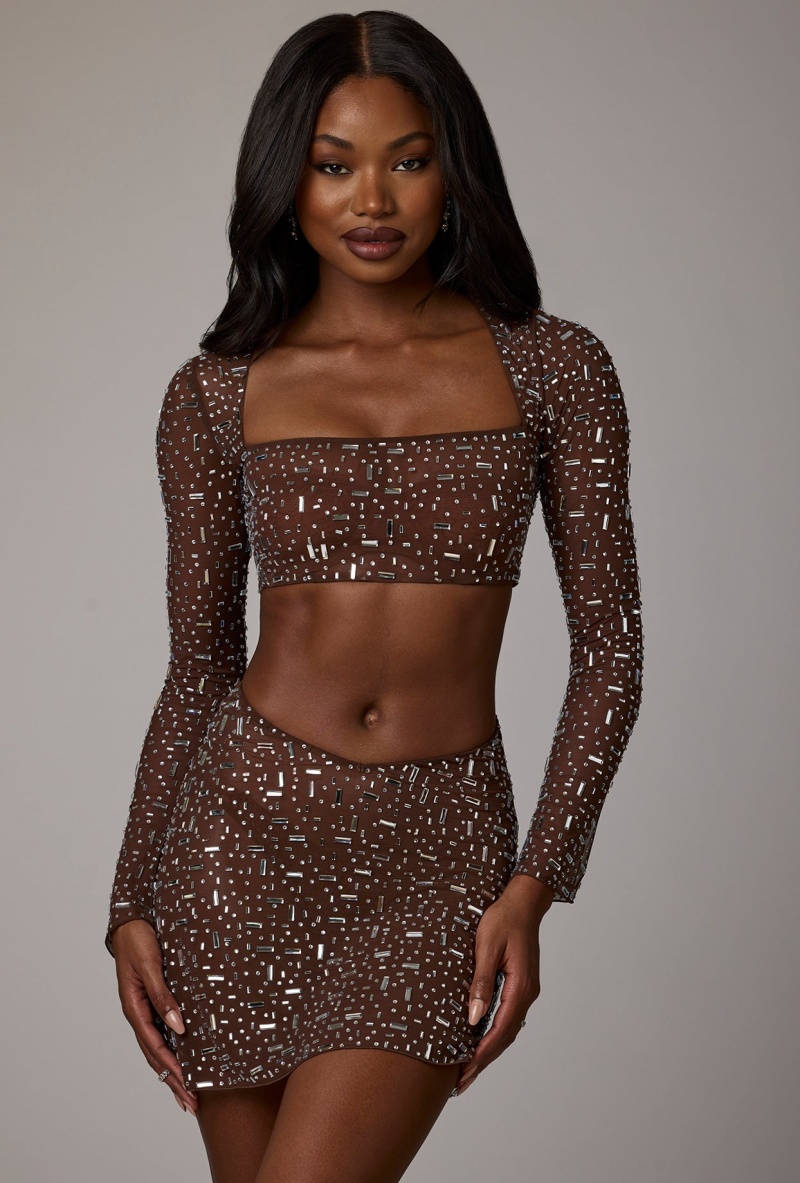 Chocolate Women's Oh Polly Sheer Embellished V Waist Mini Skirts | 89065YNXT