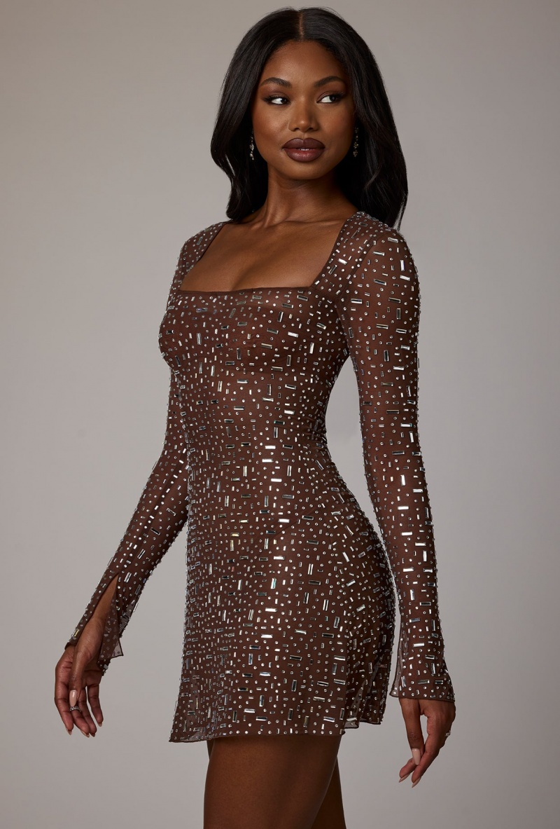 Chocolate Women's Oh Polly Sheer Embellished Long Sleeve A-Line Mini Dress | 47650BAIO