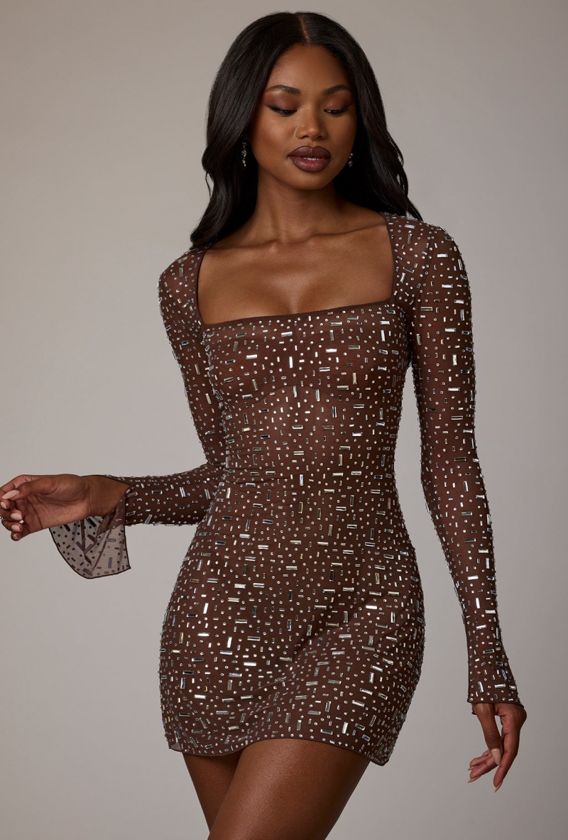 Chocolate Women's Oh Polly Sheer Embellished Long Sleeve A-Line Mini Dress | 47650BAIO