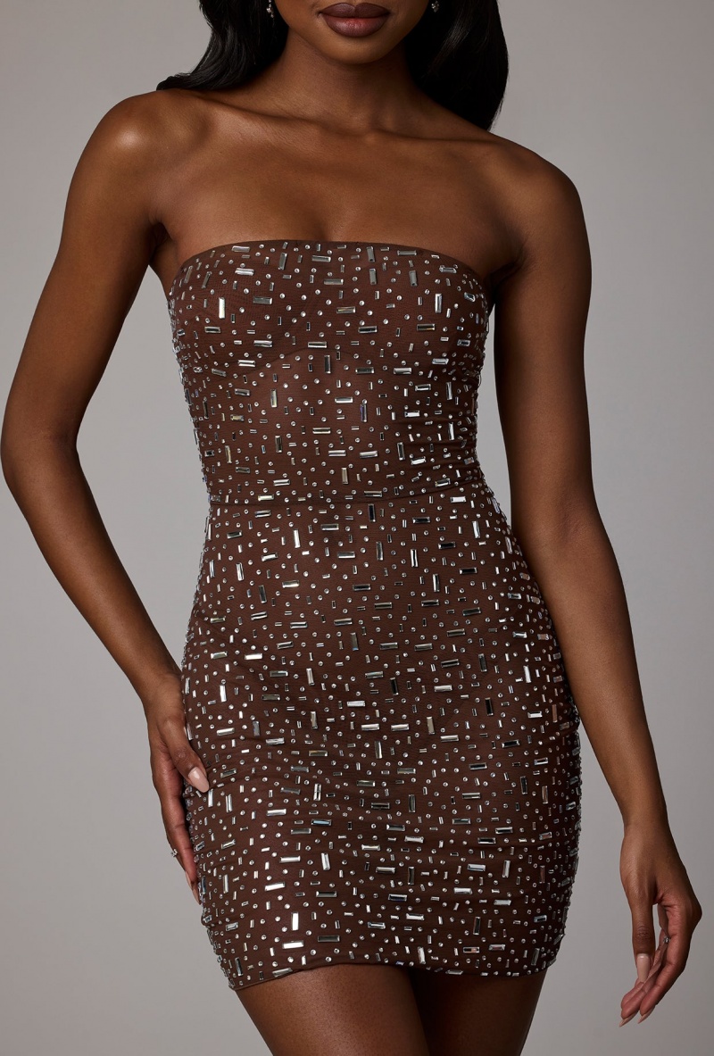 Chocolate Women's Oh Polly Sheer Embellished Bodycon Mini Dress | 29815BYWV