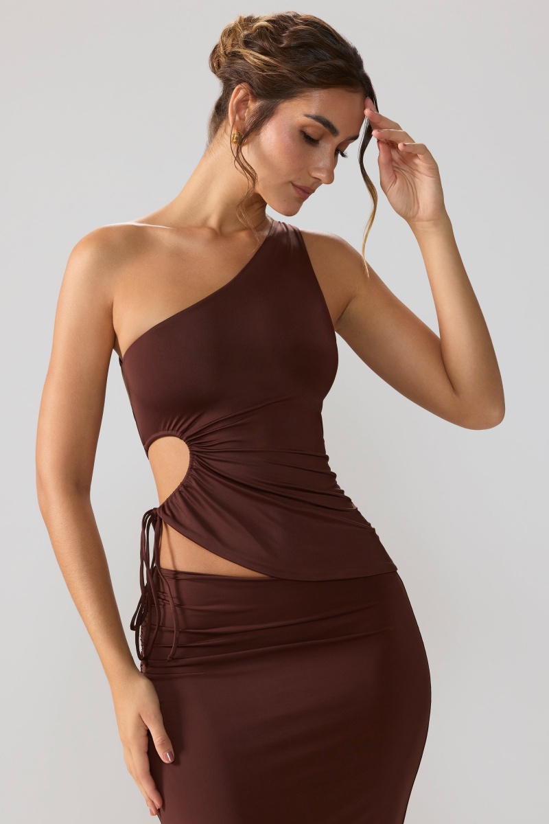 Chocolate Women's Oh Polly Slinky Jersey Ruched Cut Out One Shoulder Tops | 39718LWFD