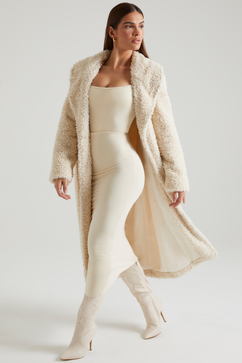 Cream Women's Oh Polly Long Shearling Coats | 02593PFHT