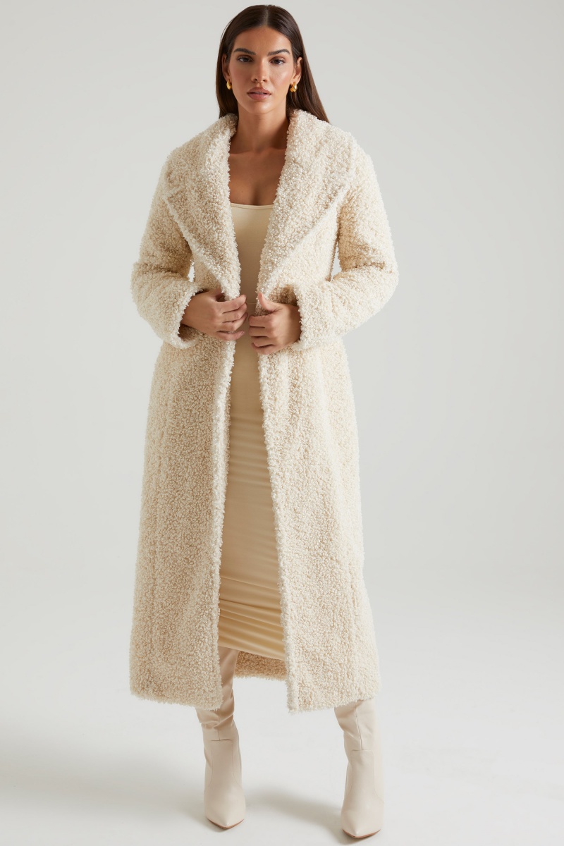 Cream Women's Oh Polly Long Shearling Coats | 02593PFHT