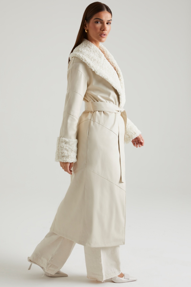 Cream Women's Oh Polly Tie Up with Shearling Collar and Cuffs Coats | 62930JKHA