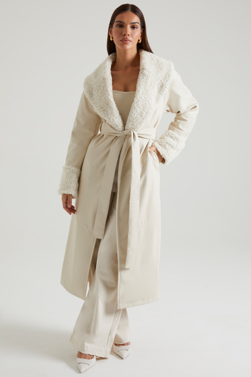 Cream Women's Oh Polly Tie Up with Shearling Collar and Cuffs Coats | 62930JKHA