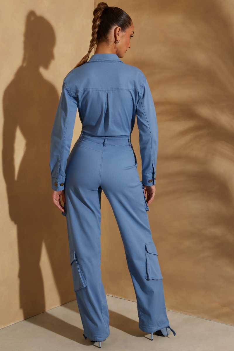 Dark Blue Women's Oh Polly Wide Leg Long Sleeve Cargo Jumpsuit | 80743JZVC