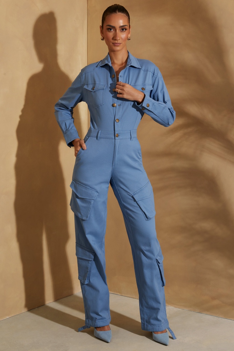 Dark Blue Women's Oh Polly Wide Leg Long Sleeve Cargo Jumpsuit | 80743JZVC