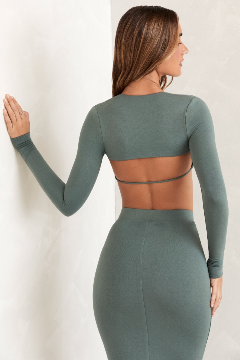 Green Women's Oh Polly Cut Out Back Long Sleeve Crop Tops | 58904OJLN