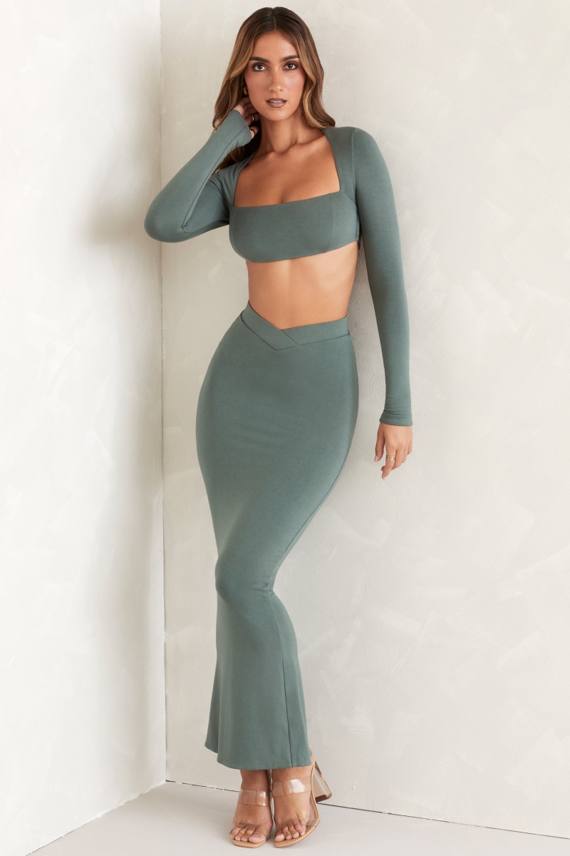 Green Women's Oh Polly Cut Out Back Long Sleeve Crop Tops | 58904OJLN