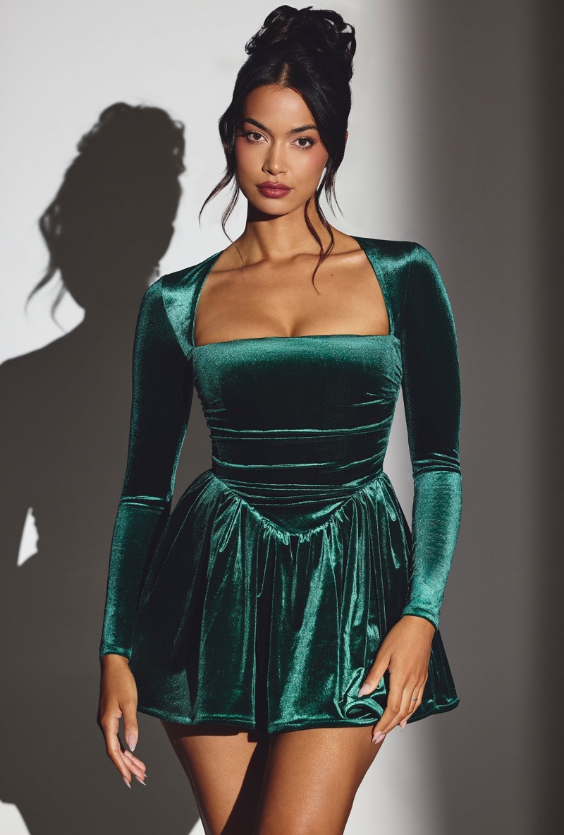 Green Women's Oh Polly Velvet Long Sleeve Corset Mini Dress | 20613ATIY