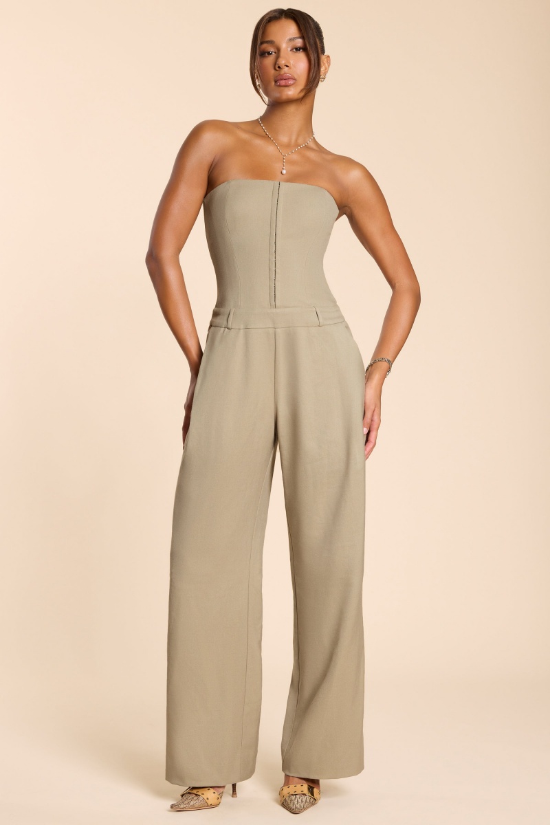 Grey Brown Women's Oh Polly Brushed Twill Bandeau Corset Jumpsuit | 47091NPTJ